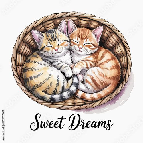 This charming illustration captures two adorable kittens sleeping peacefully in a woven basket, embodying warmth, comfort, and the innocence of friendship in a delightful scene.