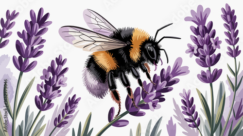A striking bumblebee collecting nectar from blooming lavender flowers, symbolizing the beauty of nature and the essential role of pollinators in sustaining ecosystems.