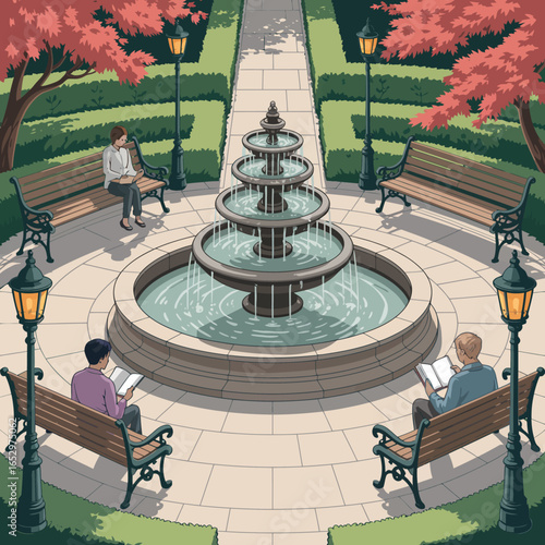 A peaceful park scene featuring a central fountain surrounded by greenery, inviting relaxation and contemplation in a serene environment for park visitors and readers alike.