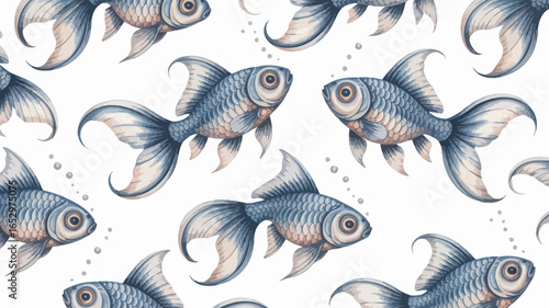 An elegant illustration presents a pattern of goldfish swimming gracefully against a soft blue background, exuding tranquility and harmony in aquatic life and nature-inspired art.