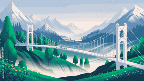A stunning suspension bridge spans across a tranquil mountain landscape, symbolizing connection, adventure, and the beauty of nature in a picturesque setting.