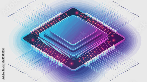 An abstract representation of a microprocessor chip demonstrates futuristic design with intricate patterns and powerful visual elements, reflecting technology's endless potential.
