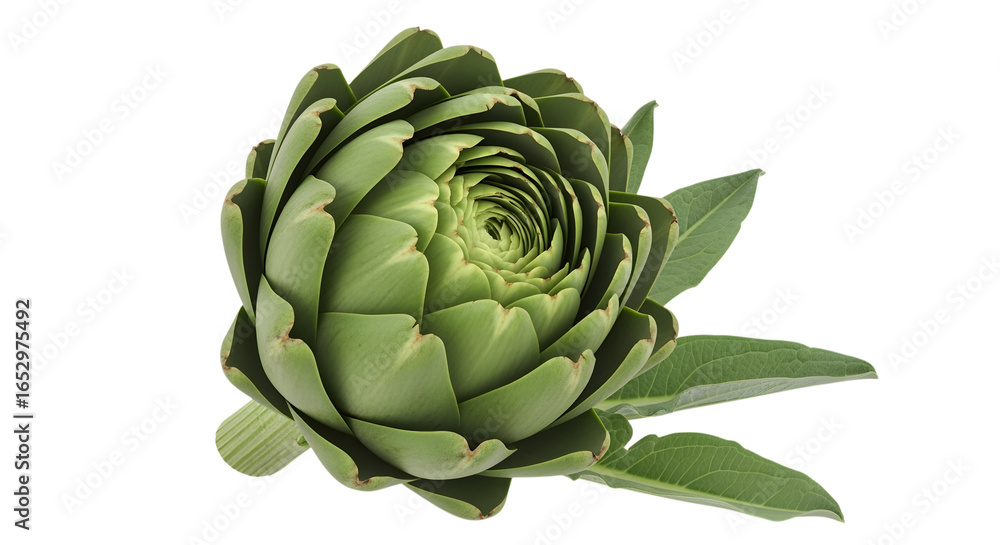 Obraz premium Close-up of a fresh artichoke head with leaves.