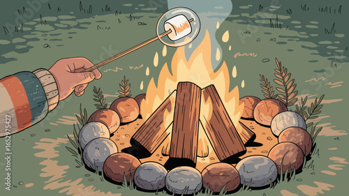 A hand toasting a marshmallow over a crackling campfire, surrounded by a circle of smooth stones in a grassy clearing, evoking warmth, comfort, and gathering moments with nature.