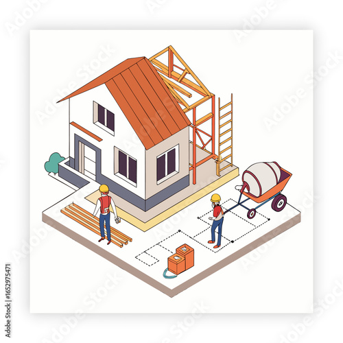 Isolated construction site with workers cartoon drawing, building house, art, construction house, construction site,