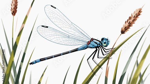 This intricate illustration showcases a blue dragonfly delicately perched on blades of grass, highlighting the beauty of nature, fragility of life, and vibrant colors in wildlife.