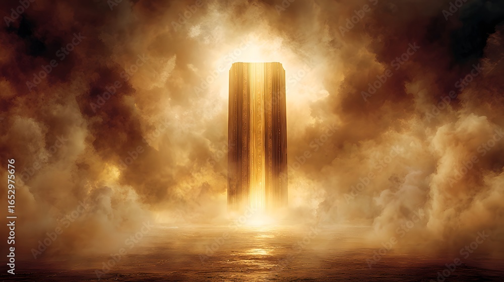 Fototapeta premium A majestic, golden portal pierces a dramatic, stormy sky above a hazy, ethereal water surface.