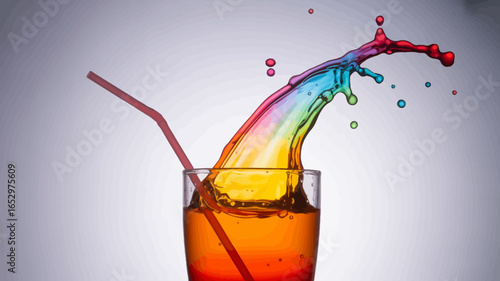 An eye-catching splash of colorful liquid bursts from a glass, representing energy and excitement with its vibrant hues, ideal for ads related to beverages and creativity.