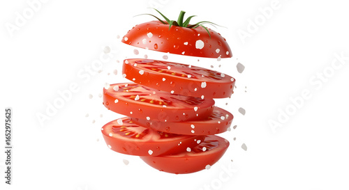 Perfectly sliced red tomato, levitating in a dynamic stack with grains of sea salt suspended around it. The juicy texture is highly detailed. Photorealistic  with bright  on a transparent background.