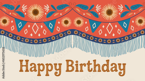 A vibrant birthday decoration featuring colorful banners and flowers creates a festive atmosphere, celebrating joy, togetherness, and the special moments that birthdays bring.