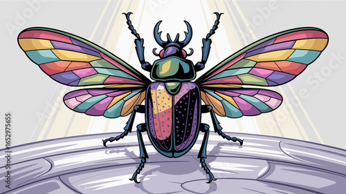A mesmerizing and colorful beetle displayed from behind, showcasing intricate patterns on its wings, highlighted by radiant beams of light, captivating viewers in its beauty.
