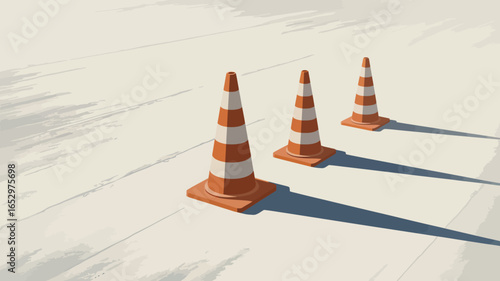 Three minimalist orange traffic cones cast long shadows on a serene road, evoking a sense of stillness and order amidst the chaos of urban life.