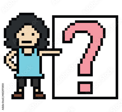 Pixel art cartoon character woman with question mark decoration 8 bit female girl lady confused idea question mark think questionnaire choose cartoon pixel game 8bit png vector.