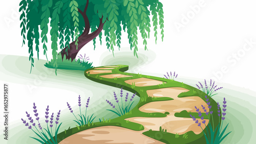 An enchanting winding pathway surrounded by lush greenery and blooming lavender, creating a peaceful and inviting atmosphere for leisurely walks in nature.