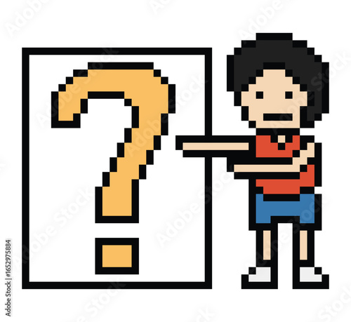 Pixel art cartoon character man with question mark decoration 8 bit male boy confused idea question mark quiz questionnaire choose cartoon pixel game 8bit png vector.