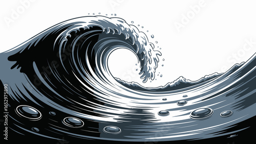 A powerful black and white illustration of a majestic ocean wave captures the dynamic movement and beauty of the sea, evoking feelings of strength and nature's grandeur.