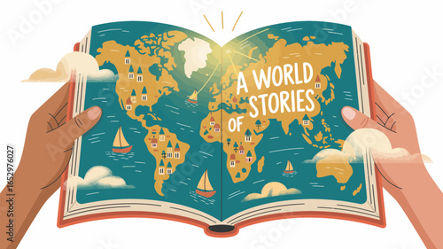 An open book depicting a world map filled with landmarks and adventures invites readers into a realm of stories, imagination, and exploration in a captivating visual format.