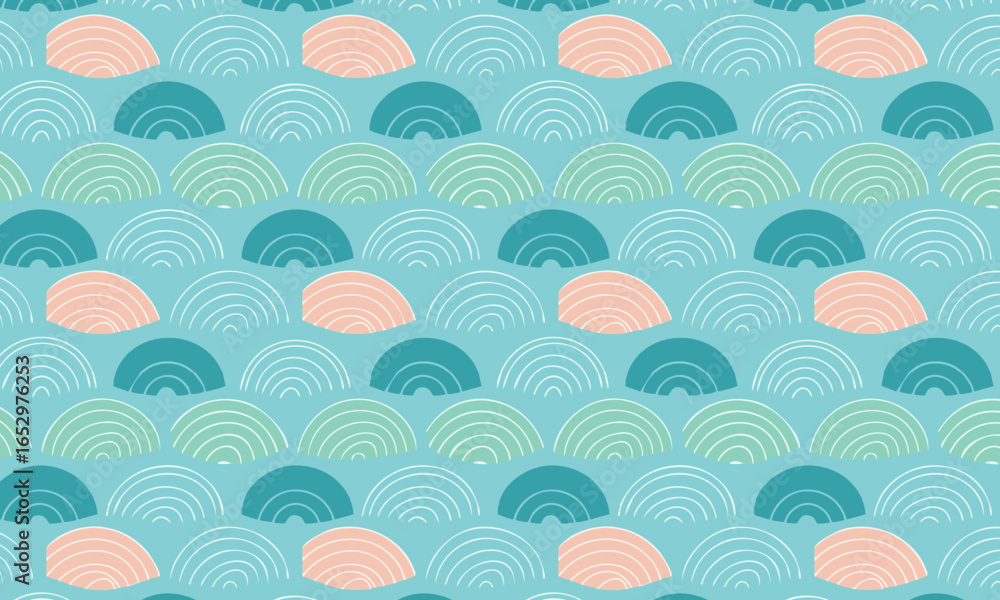 Hand-Drawn Japanese Wave or Fish Scale Seamless Pattern, Simple Abstract Background with a Pastel Scallop Texture for Kids or Nursery Decor