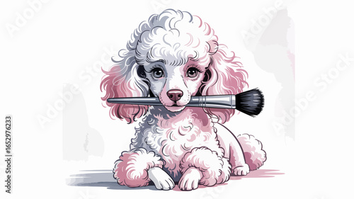 An adorable poodle holding a makeup brush in its mouth, embodying playfulness and elegance while showcasing a blend of beauty, pets, and gentle companionship.