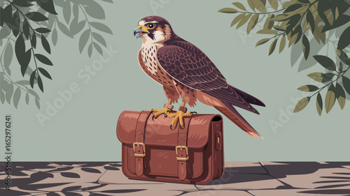 A striking falcon standing elegantly on a leather briefcase, symbolizing power, focus, and the balance between nature and urban life in a contemporary artistic style.