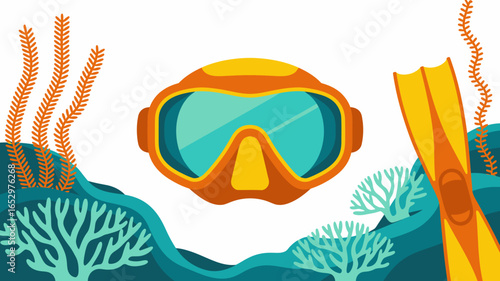 This vibrant illustration of scuba diving gear highlights a mask and fins amidst underwater coral, symbolizing adventure and exploration in marine life and ocean ecosystems.