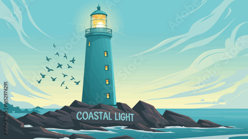 A tranquil coastal scene showcasing a lighthouse with birds soaring against the backdrop of a calming sea, evoking feelings of safety, guidance, and serenity.