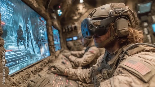 Soldier Wearing VR Headset in Bunker