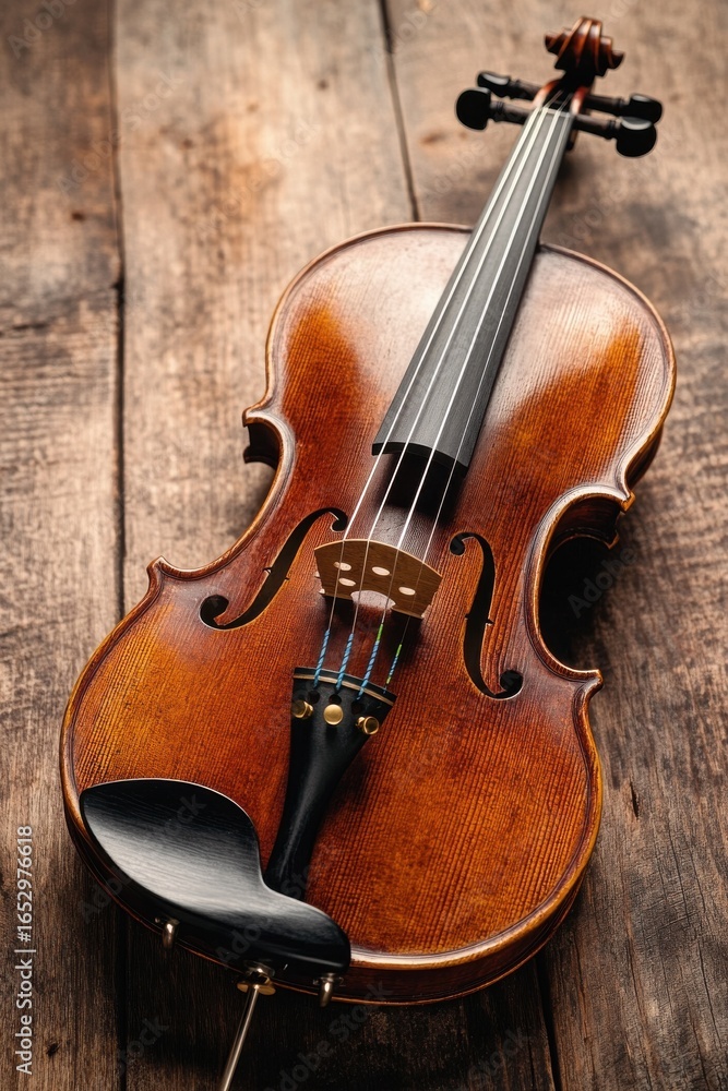 Fototapeta premium Intimate close-up of a vintage violin on old wooden table. Soft shadows and dramatic lighting highlight its rich grain, evoking a broken violin's quiet history with desaturated memories.
