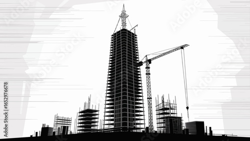 An expressive silhouette of a construction site showcasing a tall building under development, capturing the essence of urban growth, ambition, and the energy of modern architecture.