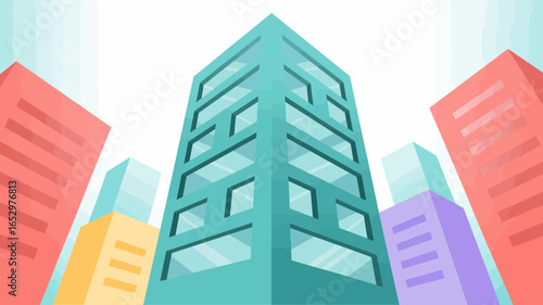 A dynamic view of colorful modern skyscrapers in an urban skyline, symbolizing innovation, ambition, and the bustling energy of city life in contemporary architecture and design.