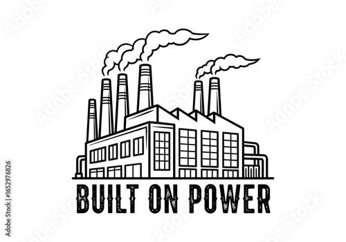 Industrial factory with smokestacks emitting smoke isolated on white background
