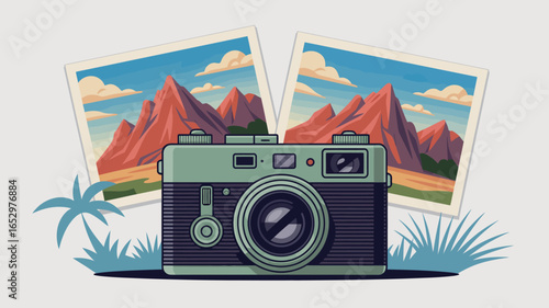 A vintage camera sits in front of two scenic photographs of majestic mountains, capturing the beauty of nature and the art of photography in a nostalgic setting.