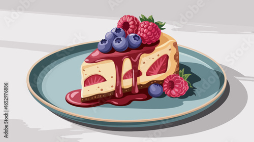 A beautifully presented slice of cheesecake adorned with a vibrant berry sauce and garnished with fresh blueberries and raspberries, perfect for dessert lovers.