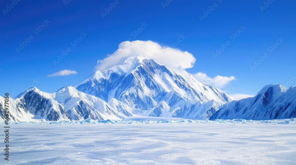 Obraz premium Majestic Snow-Capped Mountain Range Under a Clear Blue Sky with Clouds