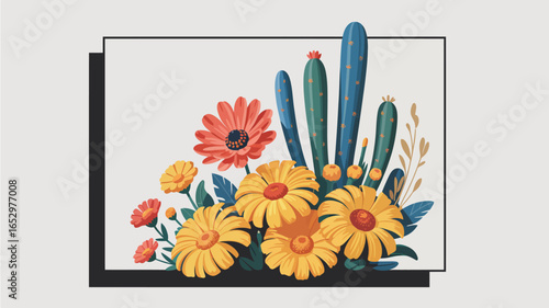 An artistic floral arrangement featuring vibrant flowers and a cactus, beautifully composed to represent love for nature, creativity, and artistic expression in garden designs.