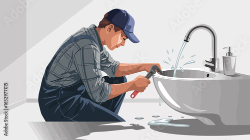 A plumber diligently works on a sink, illustrating the importance of skilled trades in home maintenance, highlighting tools and flowing water in this practical scene.