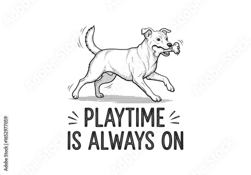 Playful dog running with a bone, text playtime is always on, isolated on white background