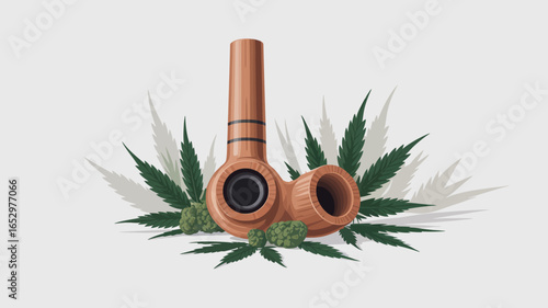 This striking image illustrates a wooden smoking pipe positioned next to cannabis leaves, symbolizing relaxation and the cultural aspects of cannabis use.