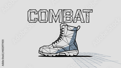 The image showcases a polygonal combat boot against a minimal background, symbolizing strength and resilience in a modern artistic style that blends geometry with functionality.