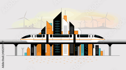 A vibrant depiction of a futuristic cityscape highlighted by a high-speed train, integrating elements of sustainable architecture and modern transportation advancements.