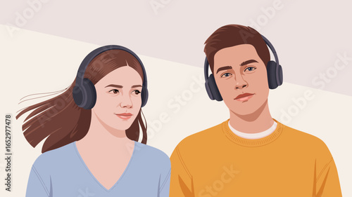 A young couple wearing headphones, smiling and enjoying music. The image captures the essence of connection, joy, and shared experiences through music and sound.