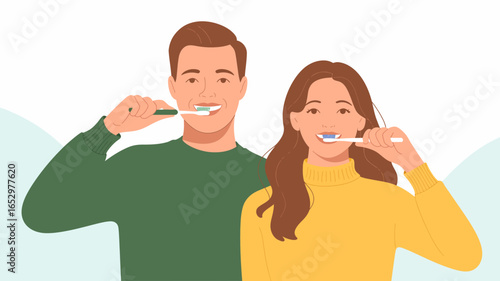 A cheerful couple brushing their teeth together, promoting oral hygiene. The image conveys the significance of health and togetherness in daily routines.