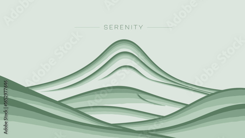A serene abstract representation of soft green hills and mountains, conveying tranquility and harmony, inviting viewers to explore the depths of their inner peace.