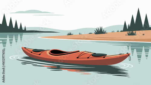 A peaceful kayak gliding over calm water, set against a scenic backdrop of trees and hills, evoking a sense of tranquility and appreciation for nature's beauty.
