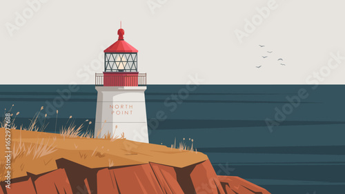 A visually striking lighthouse stands on rugged cliffs, surrounded by the vast blue ocean, embodying a sense of peace and the beauty of coastal life at North Point.