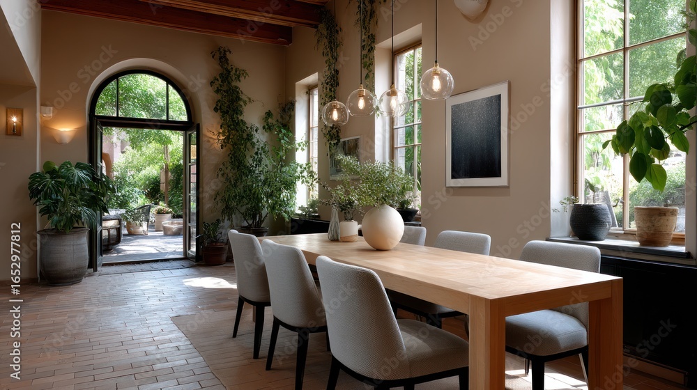 Fototapeta premium Light-filled dining room with garden view