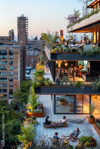 Bright lively urban rooftop garden in a flat design aesthetic. People relax among thriving plants with breathtaking cityscape views.