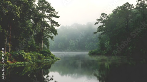 Serene lake scene in a misty forest, showcasing tranquil reflections and lush greenery.