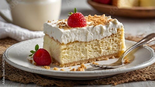fluffy tres leches cake slice creamy texture sweet pastry dessert food, syrup, delicious, moist, spongy, milk, three, confectionery, bakery, homemade, treat


