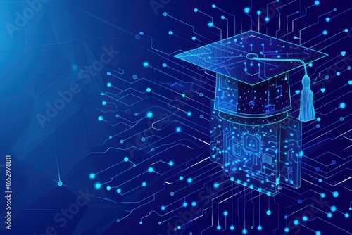 Blue vector illustration of an AI chip with a graduation hat. Its vibrant low-poly wireframe and circuit lines make it a modern design perfect for tech web templates.